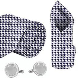 Navy Blue Houndstooth Printed Tie, Pocket Square, cufflink & Lapel Pin Set for Men-picture-37