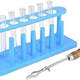 VITSZEE Science chemistry labware kit testtube stand rack, Borosilicate Glass Test tubes 15ml (6 pcs), Rim and Wooden Handle Chromium Plated Test Tube Holder Combo of 8 Products-32