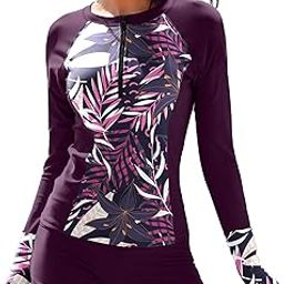 Women Two Piece Rash Guard Long Sleeve Half-Zipper UPF 50 Athletic Surfing Swimsuit-image-17