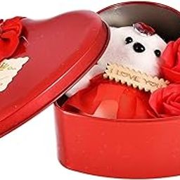 F&N Home Decor Artificial Heart Shaped Box and Teddy and Roses (Red Flower Gift Box with 3 Pieces Roses 1 Small Bear Doll) Valentine's Day Gift.-17