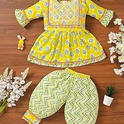 Baby Girls Yellow Ethnic Clothing Set, Mirror Work Embroidered Frock with Zigzag Print Pants, Comfortable Cotton Outfit for Kids-image-8