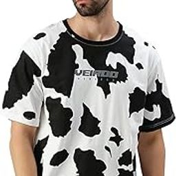 Pure Cotton Oversized Loose Baggy Fit Cow & Zebra Animal Print White, Black & Lilac Round Neck T-Shirt with All Over Print for Men & Boys-2