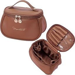 Taza Deals Travel Makeup Bag Organiser, Brown Portable Cosmetic Case with Brush Holder, Big Pure Leather Cosmatic Bag, Large Capacity Storage, Brown Color-image-49