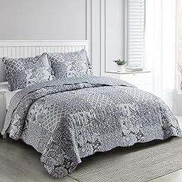 Brilliant Sunshine Grey Flowers Patchwork, 3-Piece Quilt Set with 2 Shams, Reversible Bedspread, Soft Lightweight Coverlet, All-Season, Full/Queen, Grey-image-46