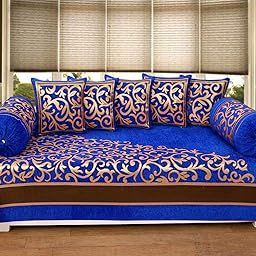 FRESH FROM LOOM Diwan Set Covers 500 Tc Chenille diven Sets 8 pc (1 diwan bedsheet, 5 Cushion Covers, 2 Bolster Covers), Blue-image-39