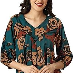 Women's 3/4 Sleeve V-Neck Top – Elegant Floral Print Blouse/Top with Pleated Front Design-image-36