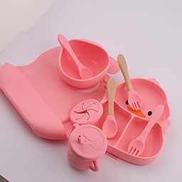 RUSEELA Silicone Baby Feeding Set – Tableware Dinner Set for Baby, Food Grade BPA Free Baby Silicone Suction Plate with Spoon, Fork and Sipper for Kids (Duck) Pink-image-26
