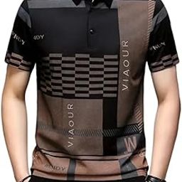 Men's Irregular Geometric Pattern and Alphabet Print Sports Collar Tshirt (Rizim Temu Print Polo-Black001-M)-14