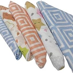 Trance Home Linen Super Soft 100% Cotton Thin Malmal Face Towels | Reusable Hygiene Wash Cloth | Soft Handkerchief (Small 40 X 40 Cm, Stars & Clouds - Pack Of 5 Pcs), 200 TC-image-67