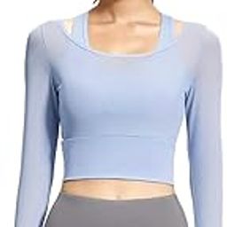 Women's Yoga Long Sleeve 2 in 1 Mesh Summer Athletic Tops Workout Shirts with Attached Padded Sports Bra | Fitness Crop Top Bralette-image-28