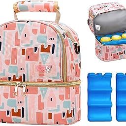 Zibuyu Nylon Breastmilk Storage Modern Bag With Ice Pack,Double Layer Breastmilk Warmer Insulated Bag With Strap,Fits 6 Ounces Bottles,Waterproof Breast Mommy Diaper Backpack Bento Box Backpack,Pink-29