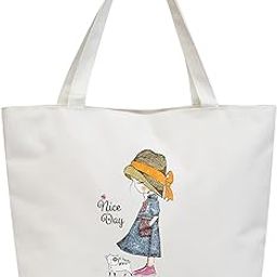 Classic Tote Bags For Women Girls Canvas Handbag Zipper Large Capacity Fashion Bag For College Office - Nice Day Girl Print, White-image-32