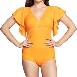 Solid V-Neck Ruffled Sleeves Padded One-Piece Swimsuit-image-8