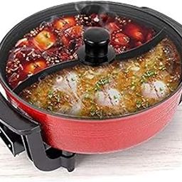 Electric Hot Pot with Adjustable Temperature, Mandarin Duck Pot, Electric Cooker 2 Grid 2 Taste,Non Stick Hot Pot Separate Design Multifunctional Electric Grill Pot with Glass Lid-56