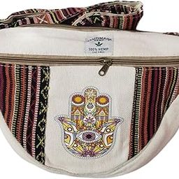 Handmade Hemp Fanny Pack with Hamsa Design, Tribal Pattern Trim, 100% Hemp Material, White-image-85