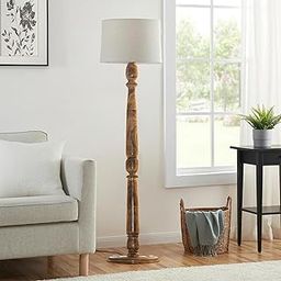 Decorcity Rustic Wood Floor Lamp in Walnut Brown with Multicolor Fabric Lamp Shade | Light Decor for Home Corner | Living Room Bedroom Bedside Floor Lamp, Antique Floor Light, Candlestick (Beige)-2