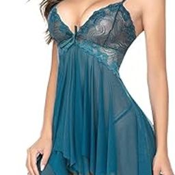 Women's Sexy Net Babydoll Lingerie Set | Lace Bra Panty Nightwear Dress for Honeymoon, Valentine, Special Nights – Free Size Black-image-31