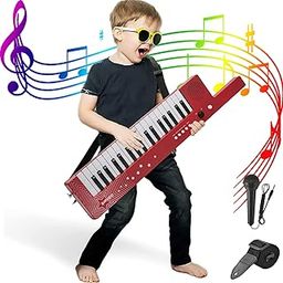 QShark Portable Piano Keyboard 37 keys, Electronic Karaoke Keytar Toys w/Microphone & Carry Strap, 4 Tones, 4 Rhythms, 10 Demo Songs, Rechargeable, Music Birthday Gifts for Kids Boys Girls Age 3+, Red-image-51