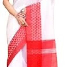 Traditional Cotton Saree | White with Red Border | Geometric Pattern Design | 5.5 Meter Long with Additional Blouse Piece-image-1
