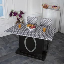 TURIYA Elastic Fitted Polyester Spandex Printed Chair Cover with Matching Table Cover Flexible Slipcover Stretch Removable Washable Dining Chair Cover Protector for Home (Grey Damask, 4 Seater)-image-2