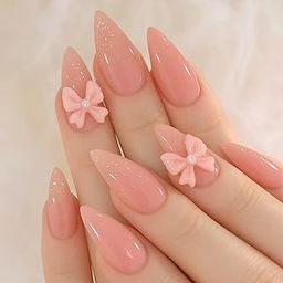 Press On Nails, Peach Pink Almond Shape with Bow Design, Stick-On Nail Extensions, Pack of 14-image-11