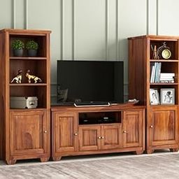 GF Furniture Solid Sheesham Wood TV Unit with Side Bookshelves | 84" Entertainment Center with Storage Cabinets | Living Room Media Console-image-7