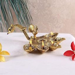 Handicrafts Paradise Metal Diya with Peacock Handle Antique Gold Plated 9 X 7.5 X 2.75 Inch-image-93