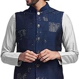 Men's Nehru Jacket, Navy Blue Cotton Blend, Embellished Regular Fit Mandarin Collar Sleeveless-45