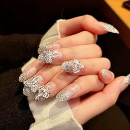 Secret Lives® acrylic press on nails designer artifical nails extension silver glitter 3D crown bow 24 pieces set with glue sheet-22
