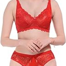 Women's Non Padded Fancy Lace Bra Panty Set(SH02SET) | Colour - Red | Size - P-image-3