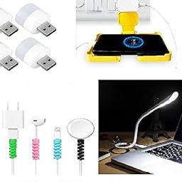 Combo - 4 Items. Plug in Small LED NIGHTLIGHT 4 NOS, Portable Flexible Adjustable USB LED Lamp - 1 no,Multicoloured Protection Spiral Cable & Wire - 4 Nos,Mobile Charging Stand for Wall - 1 no-1