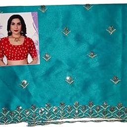 Satin Embroidered Blouse Fabric for women, 1 Metre, Rama Blue-image-1