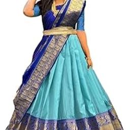 Women's Faux Silk (KH143 LAHENGA Saree Plain FIROZI Royal Free Size)-picture-56