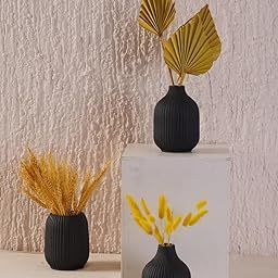 PUREZENTO Black Ceramic Textured Vase - Set of 3 | Vases for Modern Home Decor, Living Room, Dining Table, and Shelf Styling | Decorative Vase for Pampas Grass, Fresh, Dried & Artificial Flowers-image-23
