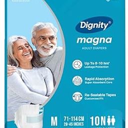 Dignity Magna Adult Diapers Tape Style - 10 Count (Medium) with Extra Absorbent Core, Wetness Indicator, Waist Size 28" - 45", 10 Pcs/Pack (Pack of 1)-image-33