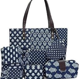 P S Traders Online Women's Ladies Traditional Ikkat Cotton 5 Pieces Combo Western Bag Color Blue-image-10