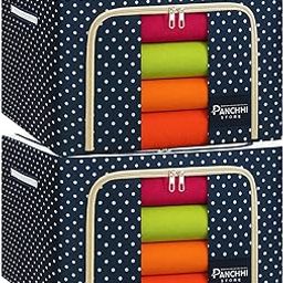 Panchhi Store Storage Box and Organiser 66 Liter Wardrobe Organizer for Storage Foldable Steel Frame Storage organiser with Zipper with Clear Window & Handles Storage Bags for Clothes Large Pack of 2-2