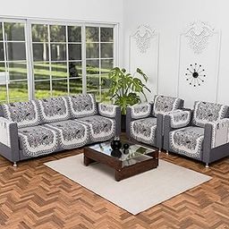 Kuber Industries Set of 16 Anti-Skid Sofa Cover 5-Seater with Arm Cover | Comfortable Slipcover Sofa Cloth & Furniture Protector for Home Decor | Gulab - White Grey-41