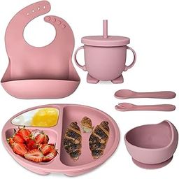 Clefairy Baby Weaning Set, 6PCS Silicone Baby Feeding Set, Baby Led Weaning Set with Suction Bowl Divided Plate, Adjustable Bibs,Spoons Forks, Sippy Cup for 6+ Months(Pink)-30