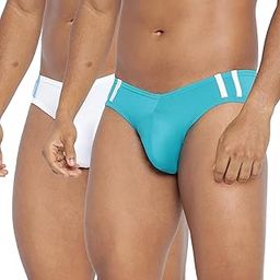 BASIICS Men's Striped and Solid Fashion Brief (Pack of 2) Teal, White-image-2