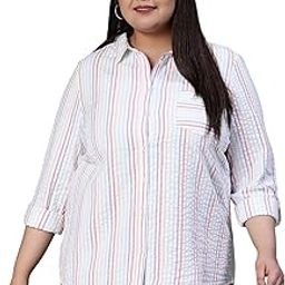 Women Plus Size Stripe Print Cotton Shirt-picture-35