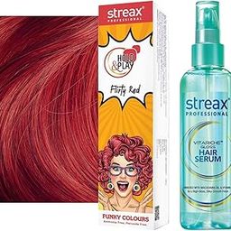 Streax Professional Hold and Play Funky Colours, Hair Color, 100g - Flirty Red Vitariche Gloss Hair Serum (200 ml)-image-24