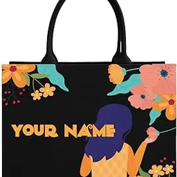 rerden Personalized Floral Canvas Tote Bag, Black with Colorful Flowers, Customizable Name Design, Decorative Shopping Bag-picture-22