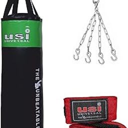 USI UNIVERSAL Boxing Kit for Adults, Boxing Set with 626N 105cm/3.5 Feet Unfilled Punching Bag, 626SW4 Metal Hanging Chain with 4 Legs & 628A 2.75m Long 1 Pair Boxing Hand Wraps (Black/Green)-image-59