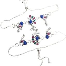 Peacock Design Anklet with Blue, Pink and Green Stones, Silver-Toned Chain, Traditional Indian Style-image-79