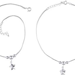 925 Pure Silver Pair of 3 Ball Anklet/Payal With Snake Pattern With Star Charms in Pure Sterling Silver For Girls and Women (Pair, 10 Grams)-13