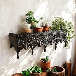Living Furn INDIA Ornate Rajasthani Hand-Carved Wooden Wall Shelf, Solid Mango Wood, 80x20x30 cm, Dark Brown-picture-20