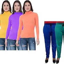 indiweaves Women Winter Wear Combo Pack- Full Sleeves High Neck/Skivvy and Fleece Warm Lower/Track Pants (Yellow, Purple, Orange, Blue, Sea Green,38) Pack of 5-picture-36