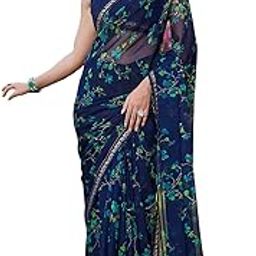Women's Chiffon Printed Lace Work Saree with Unstitched Blouse Piece-31