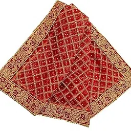 navti creations Womens Wedding Bridal Heavy Red Net Dupatta With Check Design Embroidery (Full zari Work, 2.25m), Free size-picture-1
